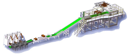 Rapidpack fixed-line automated bagging machine inside a warehouse, featuring a vertical bagging tower with conveyors and palletizing equipment.
