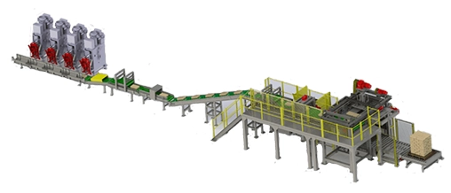 Rapidpack fixed-line automated bagging machine inside a warehouse, featuring a vertical bagging tower with conveyors and palletizing equipment.