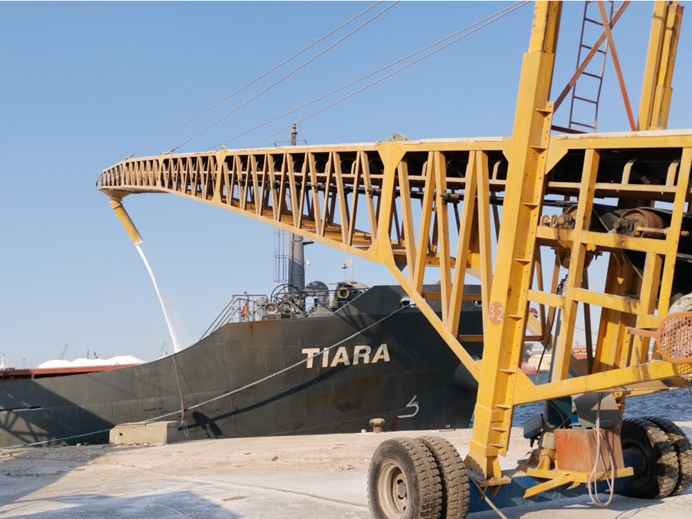 Rapidpack shiploader alongside loader vehicle, operating at high-speed bulk loading port environment