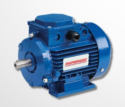 Machine-mounted Rapidpack SI‑Series aluminum-frame industrial motor with drain plug and nameplate visible.
