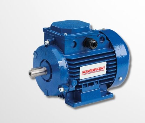 Machine-mounted Rapidpack SI‑Series aluminum-frame industrial motor with drain plug and nameplate visible.